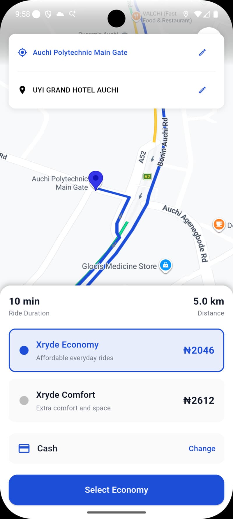 The Xryde rider app showing upfront fares for a trip in Auchi, Edo State